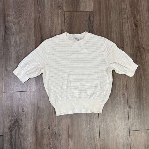 Madewell Textural-Stitch Cotton Sweater Womens M Cream Ribbed Trim Short Sleeve - Picture 4 of 8